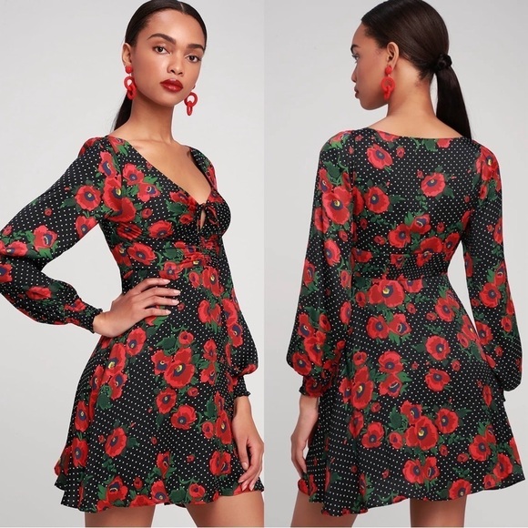 Free People Dresses & Skirts - FREE PEOPLE Morning Light Mini Dress - Black Polka Dot & Red Poppy Floral Size 2
